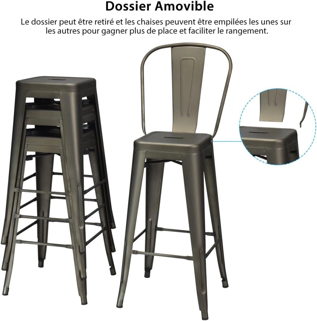 Set di 4 sgabelli da bar in stile industriale vintage, sedie da bar stabili in metallo con schienale alto e poggiapiedi confortevole, altezza 76 cm, adatto per bar, caffè, bistrot