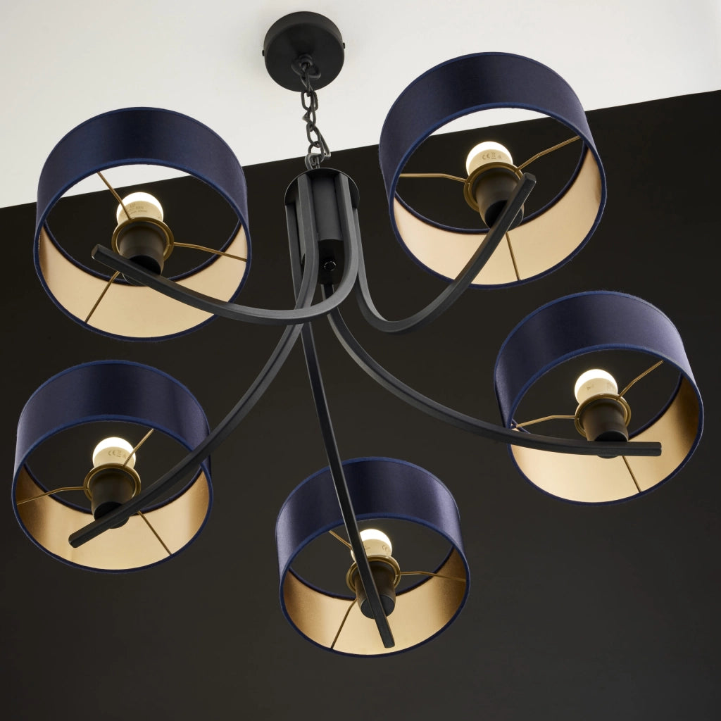Lampadario nero a catena 5xE27 paralumi blu Jupiter