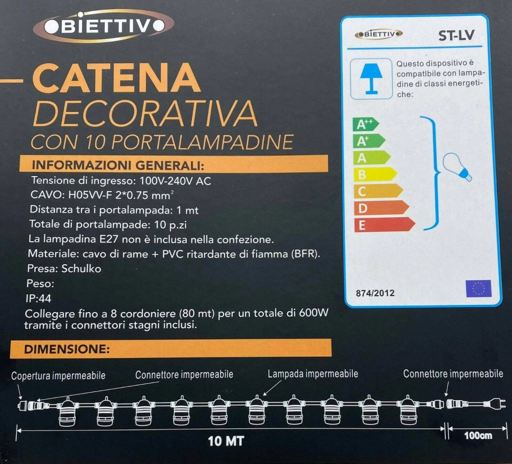 CATENA DI LUCI CORDONIERA LUMINOSA CORDA 10 MT CON PORTALAMPADA E27 CAVO BIANCO