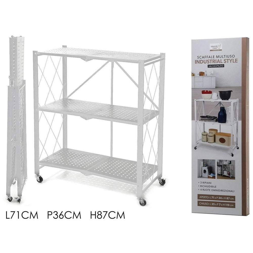 Trade Shop - Scaffale Multiuso Libreria Pieghevole Con 3 Ripiani Ruote In Acciaio Verniciato Bianco -