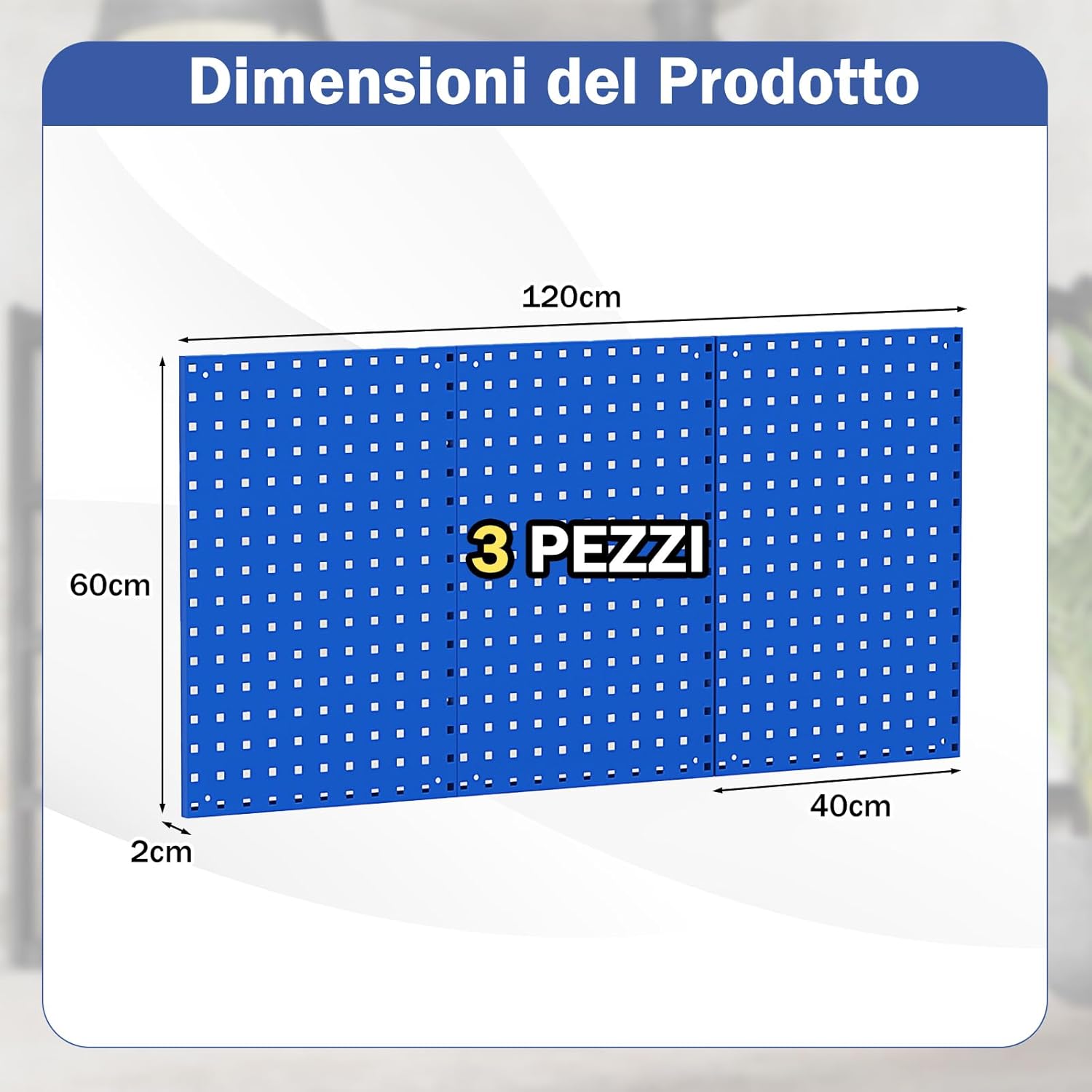 Kit 3 Pannelli Porta Attrezzi da Parete 60 x 40 cm, Pannello Forato Portaoggetti con 24 Ganci e Supporti, Pannello Portautensili per Officina e Garage (Blu)