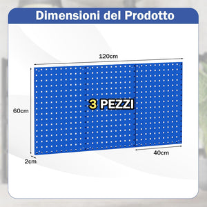 Kit 3 Pannelli Porta Attrezzi da Parete 60 x 40 cm, Pannello Forato Portaoggetti con 24 Ganci e Supporti, Pannello Portautensili per Officina e Garage (Blu)