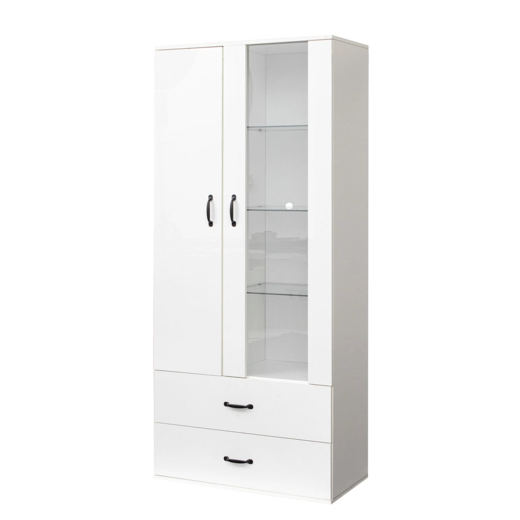 Vetrina ULEVR 59,5x35x182 cm con 2 ante, 2 cassetti e LED USB controllabile via Bluetooth, bianca