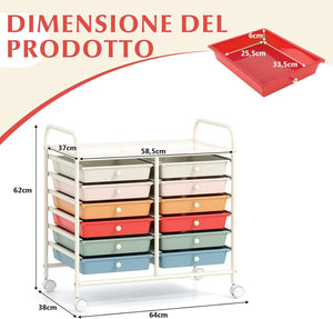 Carrello di Stoccaggio con 12 Cassetti, Carrello portaoggetti con 4 Ruote, Carrello Multiuso per Scuola Ufficio Cucina, 64 x 38 x 62 cm (12 cassetti Macaron)