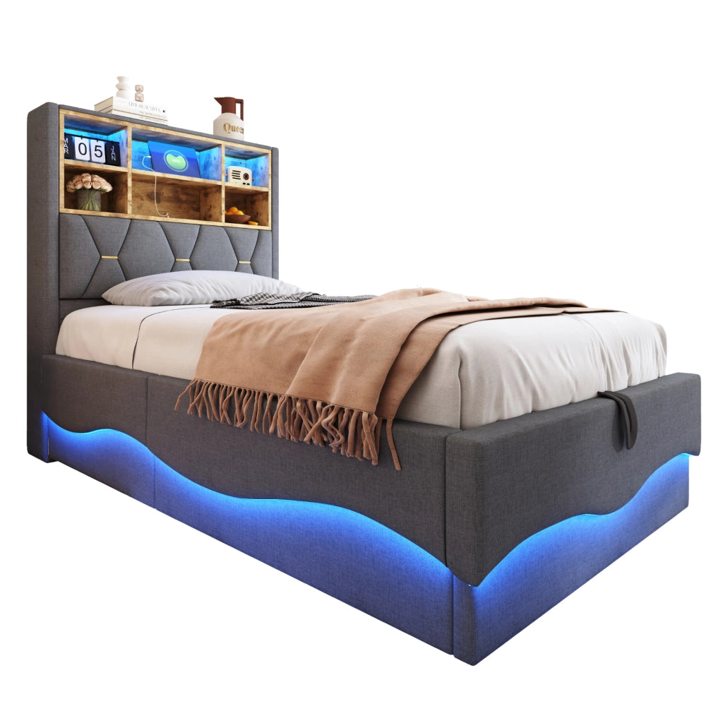 Letto singolo 90×200 cm contenitore con LED e USB; rete sollevabile; senza materasso; ferro; grigio