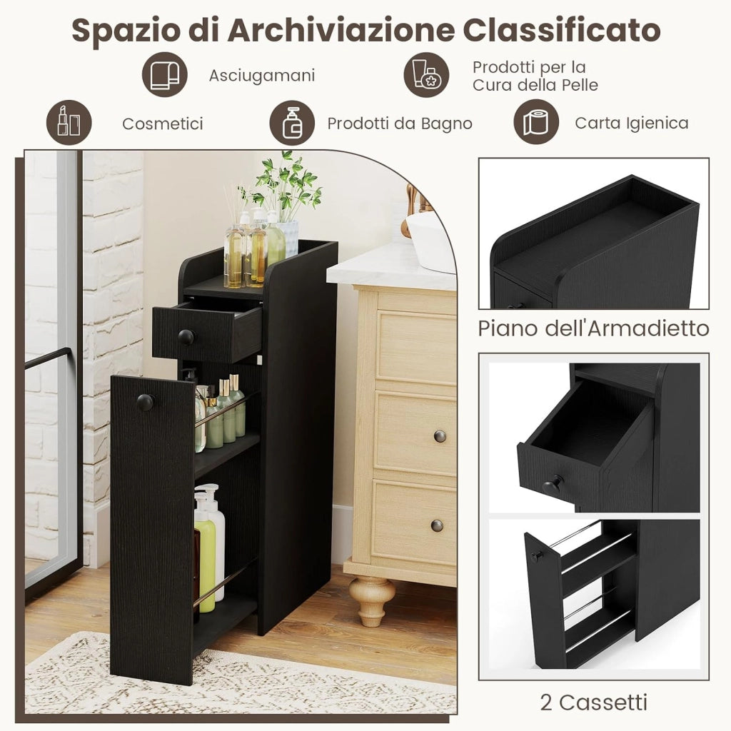 Mobile da Bagno Piccolo, Mobiletto Salvaspazio Stretto con 2 Cassetti e 2 Ruote Girevoli, Credenza Sottile da Terra Autoportante per Bagno, Cucina e Ufficio, 40 x 18 x 70 cm (Nero)
