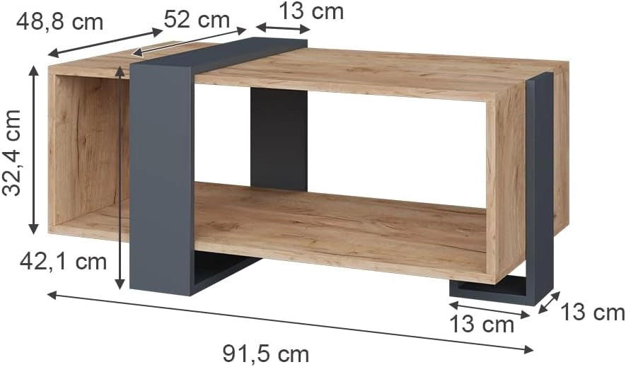 Tavolino Aven, Antracite/quercia dorata, 91.5 x 52 cm, con ripiano aggiuntivo per libri e riviste