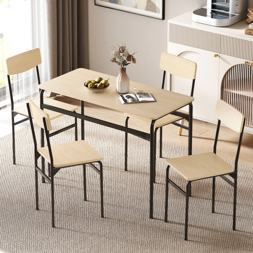 Set da Pranzo 5 Pezzi con Tavolo Rettangolare e 4 Sedie da Pranzo in MDF e Gambe in Metallo Nero e color Legno