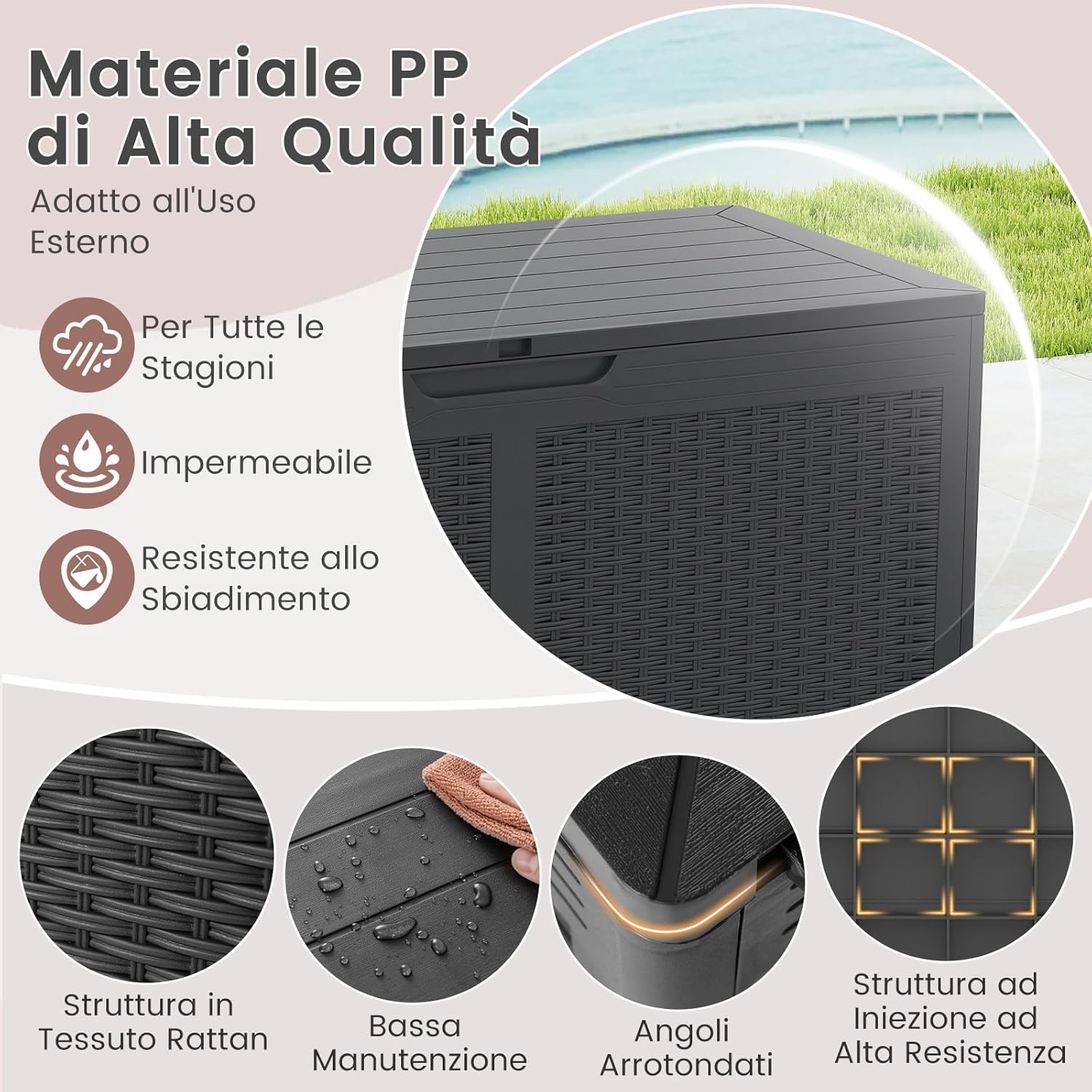 Baule da Esterno 380 L Impermeabile, Cassapanca Contenitore in Rattan con Coperchio Bloccabile e Ruote, Baule Salvaspazio per Mantenere Cuscini e Attrezzi da Interno e Esterno (Grigio)