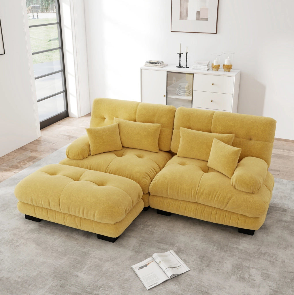 Divano modulare in chenille con ottoman; giallo