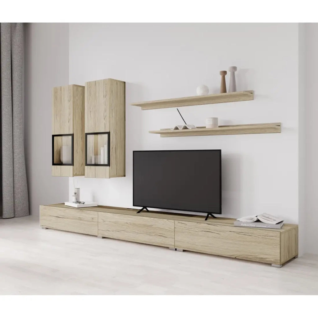 Set mobili da soggiorno RAMOS – Colori quercia e nero – Mobile TV, vetrine, scaffali – Senza LED