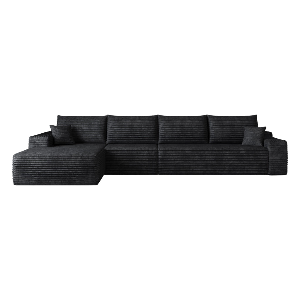 Divano modulare angolare con chaise longue e schiuma elastica in velluto a coste nero
