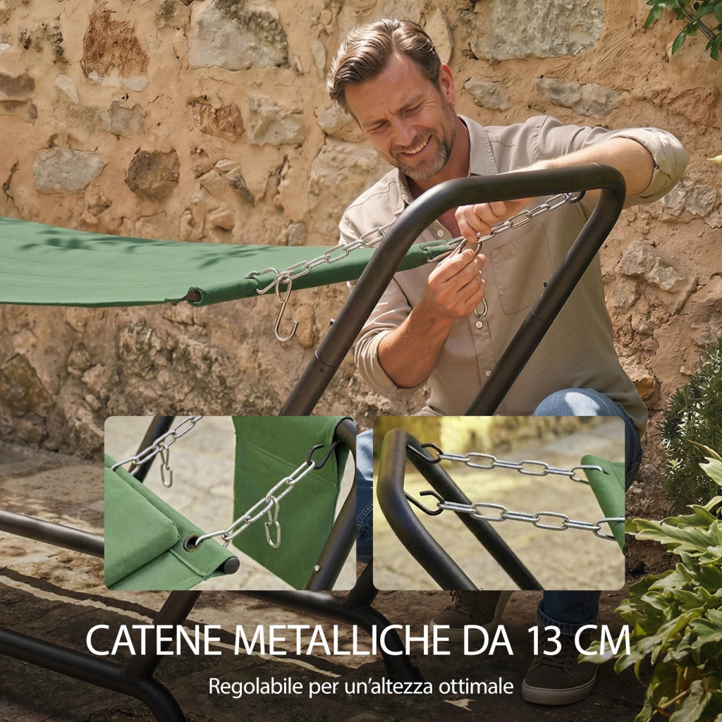 Amaca da Giardino con Supporto, Tasca Laterale e Poggiatesta, in Metallo e Poliestere, 237x90x92 cm, Verde Scuro