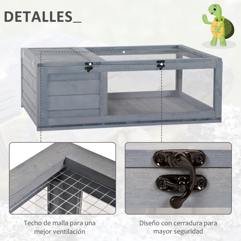 Casa per Tartarughe in Legno con Tetto a Reticolo e Pannelli Laterali Trasparenti Estraibili ¨C Minimal ¨C 91x60,5x32 cm Grigio