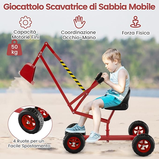 Escavatore Giocattolo, Ruspa Cavalcabile per Bambini con Comandi a 2 Mani e Pala Flessibile, Sedile Rotante 360°, 4 Ruote, per Bambini 3 Anni+ (con Ruote Rosso)