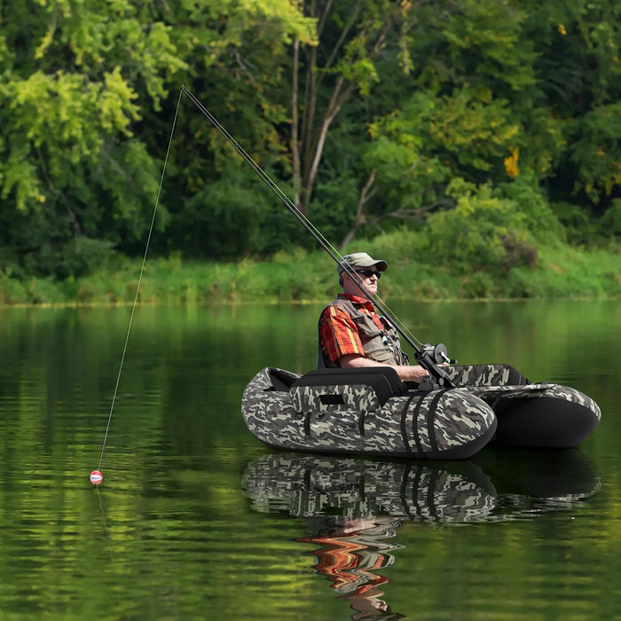 Belly Boat da Pesca Portatile, Gommone Gonfiabile da Pesca con Porta Canne Regolabile, Pompa, Pagaia in Alluminio, Spallacci e Kit di Riparazione, Barca da Mare con 2 Pinne, capacità 160kg