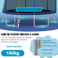 Tappeto Elastico per Bambini ed Adulti Ø 366 cm Certificato GS, Trampolino Bambini da Esterno e Interno con Rete, 72 Molle, Canestro, Scala a 3 Gradini, Pompa e Palla, Portata 180kg