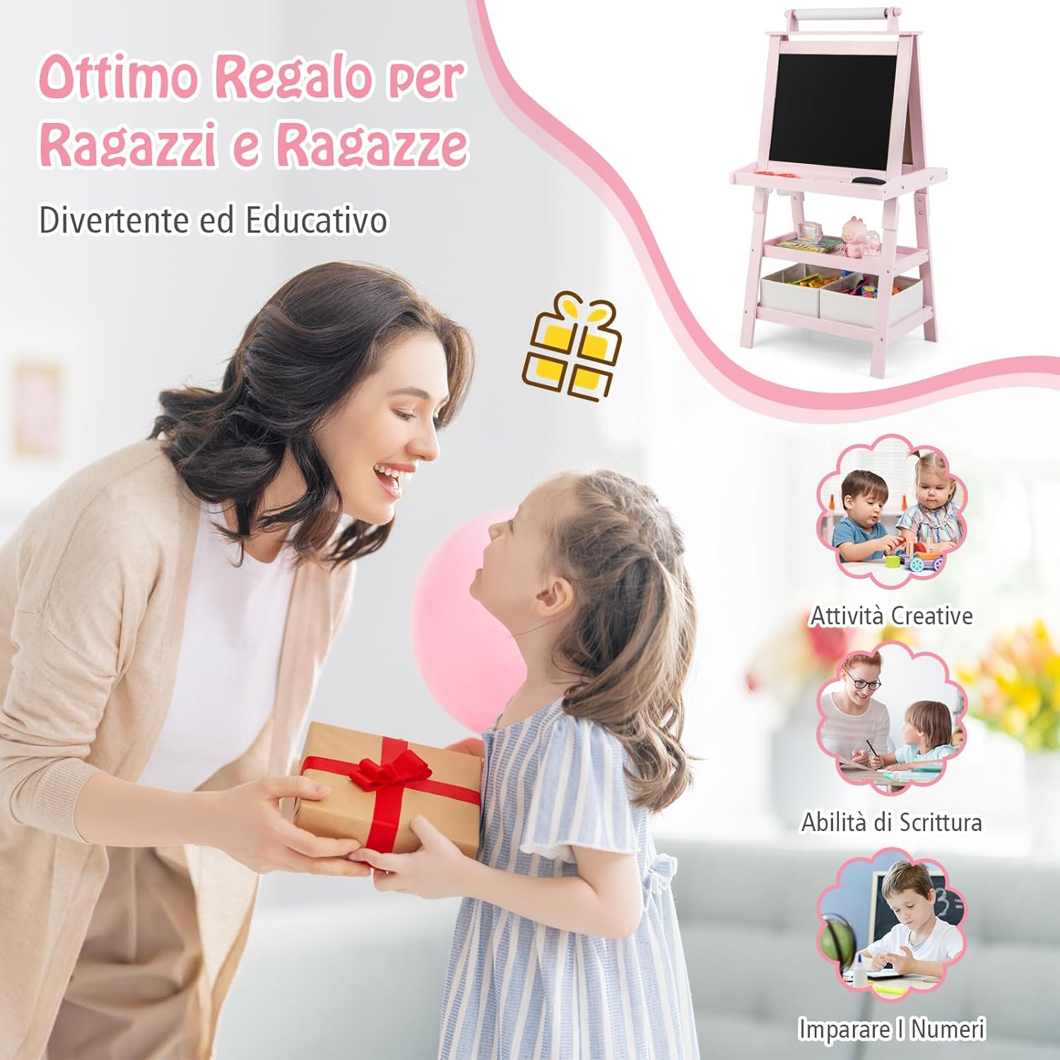 3 in 1 Cavalletto per Bambini con Doppia Faccia, Cavalletto per Disegno con 2 Vassoi e 2 Scatole, Lavagna Bambini in Legno (Rosa)