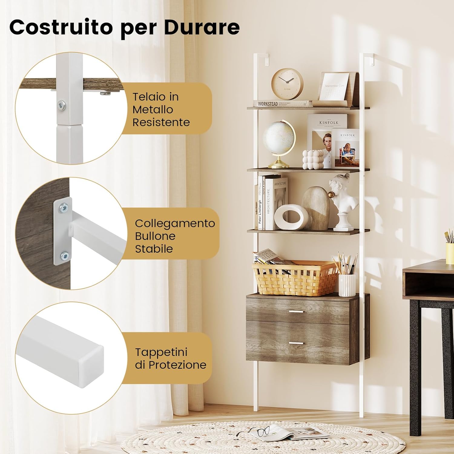 Libreria a Scala 184 cm, Scaffale da Parete a 6 Ripiani con 2 Cassetti e Struttura in Metallo, Ripiano Espositivo Aperto Moderno per Soggiorno Studio Ufficio, 60 x 30 x 184 cm (Naturale)