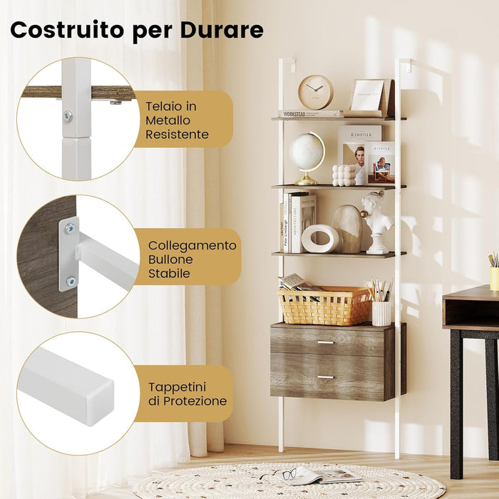 Libreria a Scala 184 cm, Scaffale da Parete a 6 Ripiani con 2 Cassetti e Struttura in Metallo, Ripiano Espositivo Aperto Moderno per Soggiorno Studio Ufficio, 60 x 30 x 184 cm (Naturale)