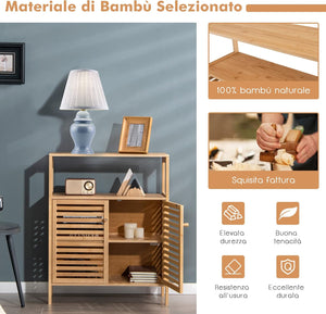 Mobile da Bagno in Bambù, Armadietto da Bagno con Ripiano Aperto e Doppie Porte, Ripiano Rimovibile, per Bagno, Soggiorno, Cucina, Ingresso, 64 x 27,5 x 80 cm