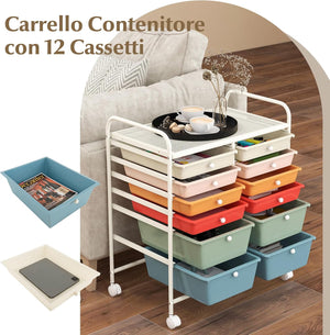 Carrello con 12 Cassetti con Ruote, Carrello di Stoccaggio Multiuso con Ampio Spazio di Archiviazione, Ideale per Casa Ufficio Domestico, 73,5 x 37 x 63 cm (Multicolore)