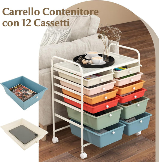 Carrello con 12 Cassetti con Ruote, Carrello di Stoccaggio Multiuso con Ampio Spazio di Archiviazione, Ideale per Casa Ufficio Domestico, 73,5 x 37 x 63 cm (Multicolore)