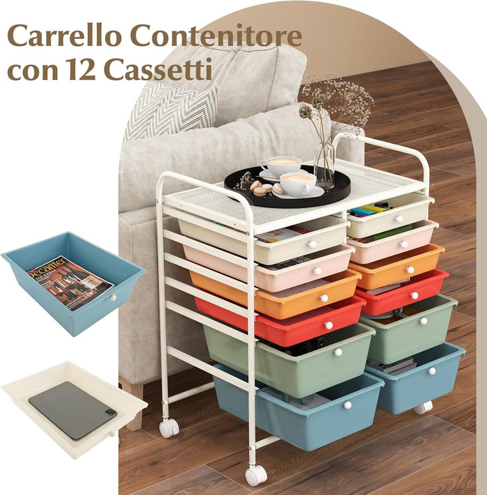 Carrello con 12 Cassetti con Ruote, Carrello di Stoccaggio Multiuso con Ampio Spazio di Archiviazione, Ideale per Casa Ufficio Domestico, 73,5 x 37 x 63 cm (Multicolore)
