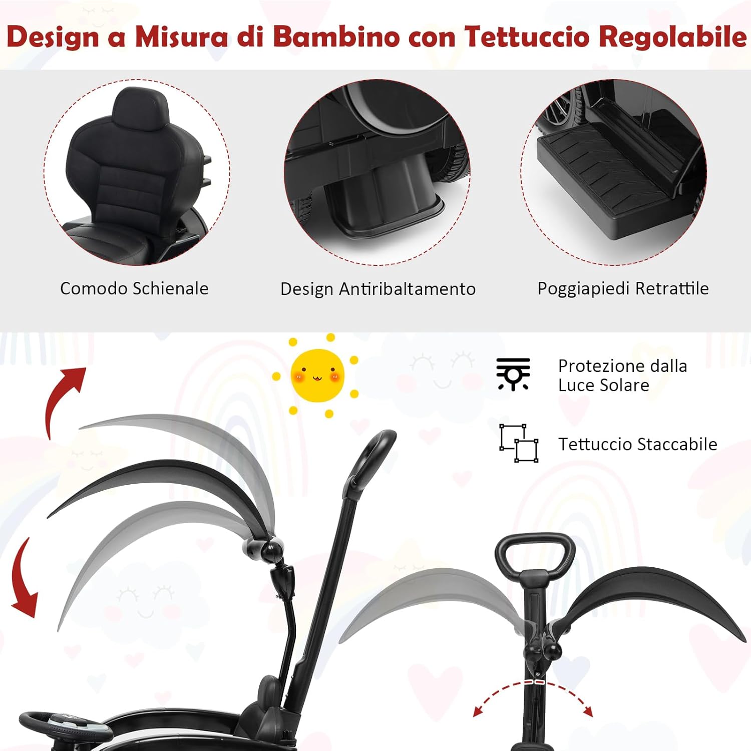 Auto a Spinta per Bambini, Macchina Cavalcabile a Spinta con Tettuccio Regolabile Maniglia per Genitori Paracolpi, Ideale per Bambini 12-36 Mesi (Nero)