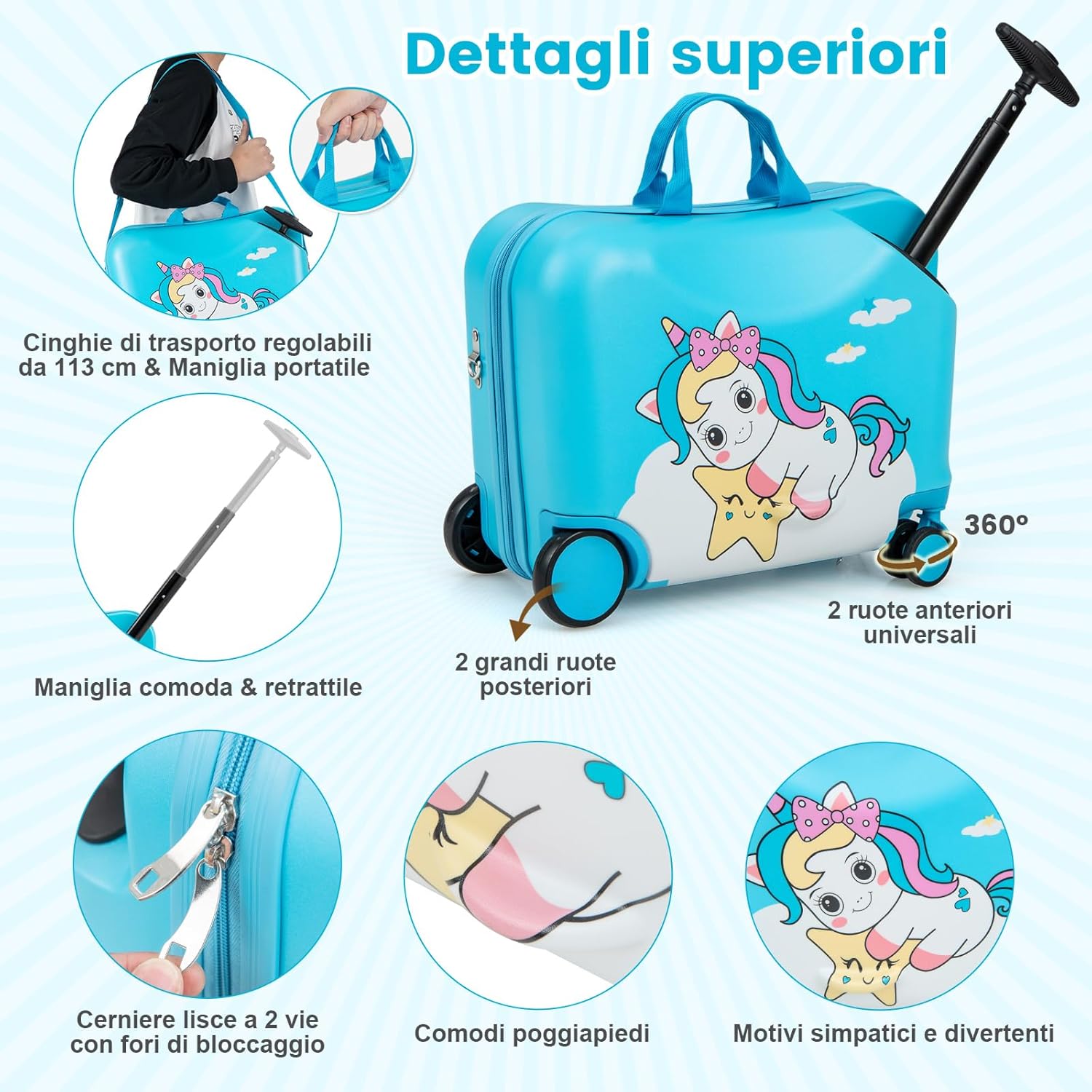 Valigia Cavalcabile per Bambini, 18" Valigia+ 12" Zaino,2 Pezzi, Trolley Bambini Bagaglio a Mano con Ruote Girevoli e Maniglia Retrattile, 2 Cingie Multiuso (Modello 2)