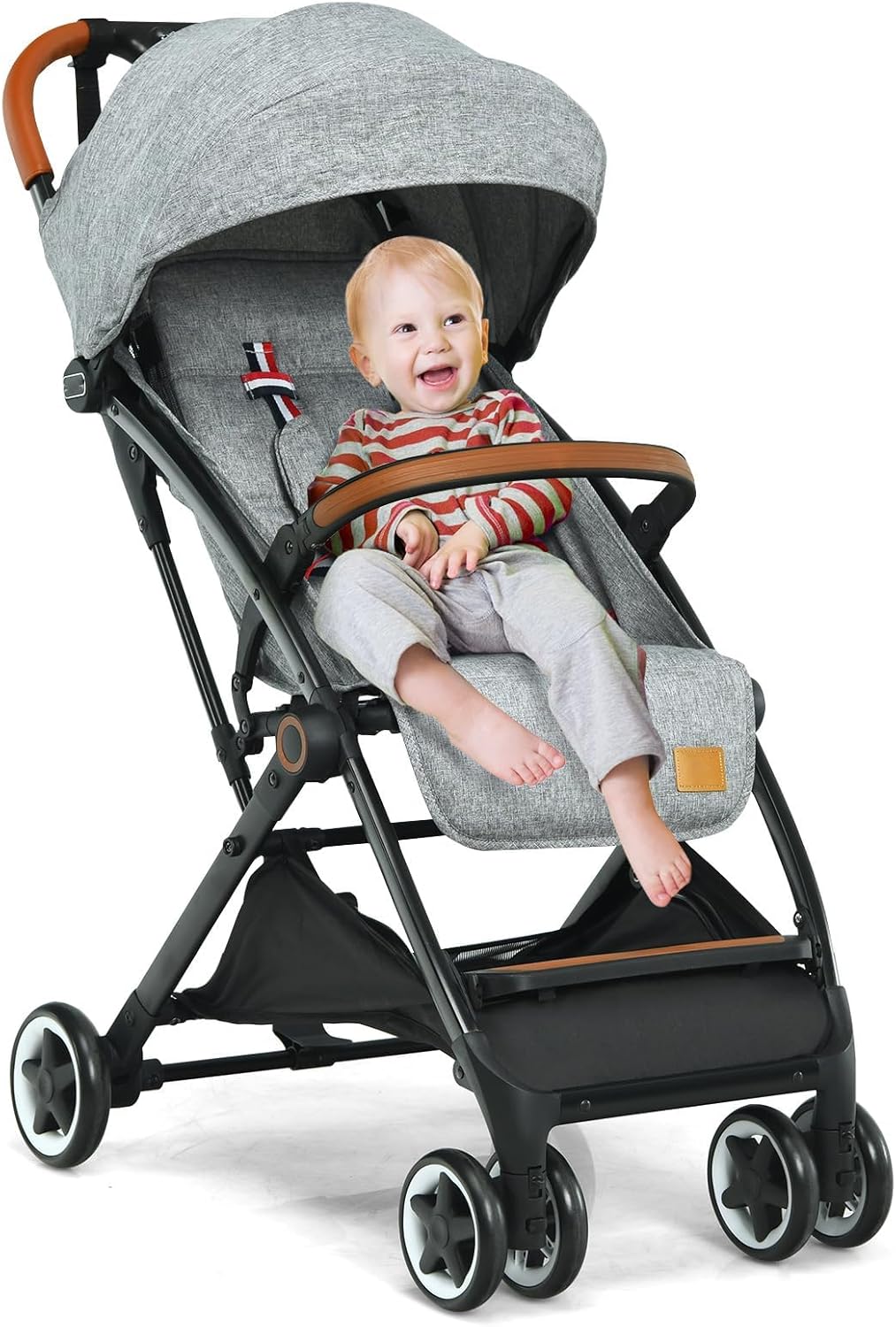Passeggino Ultraleggero per Bambini 0-36 Mesi, Passeggino Compatto a Ombrello, per Viaggio, Aereo, Pieghevole, Regolabile, con Cintura di Sicurezza, Ruote, Freno, Parasole, Cesto, Grigio