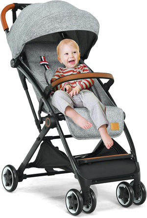 Passeggino Ultraleggero per Bambini 0-36 Mesi, Passeggino Compatto a Ombrello, per Viaggio, Aereo, Pieghevole, Regolabile, con Cintura di Sicurezza, Ruote, Freno, Parasole, Cesto, Grigio