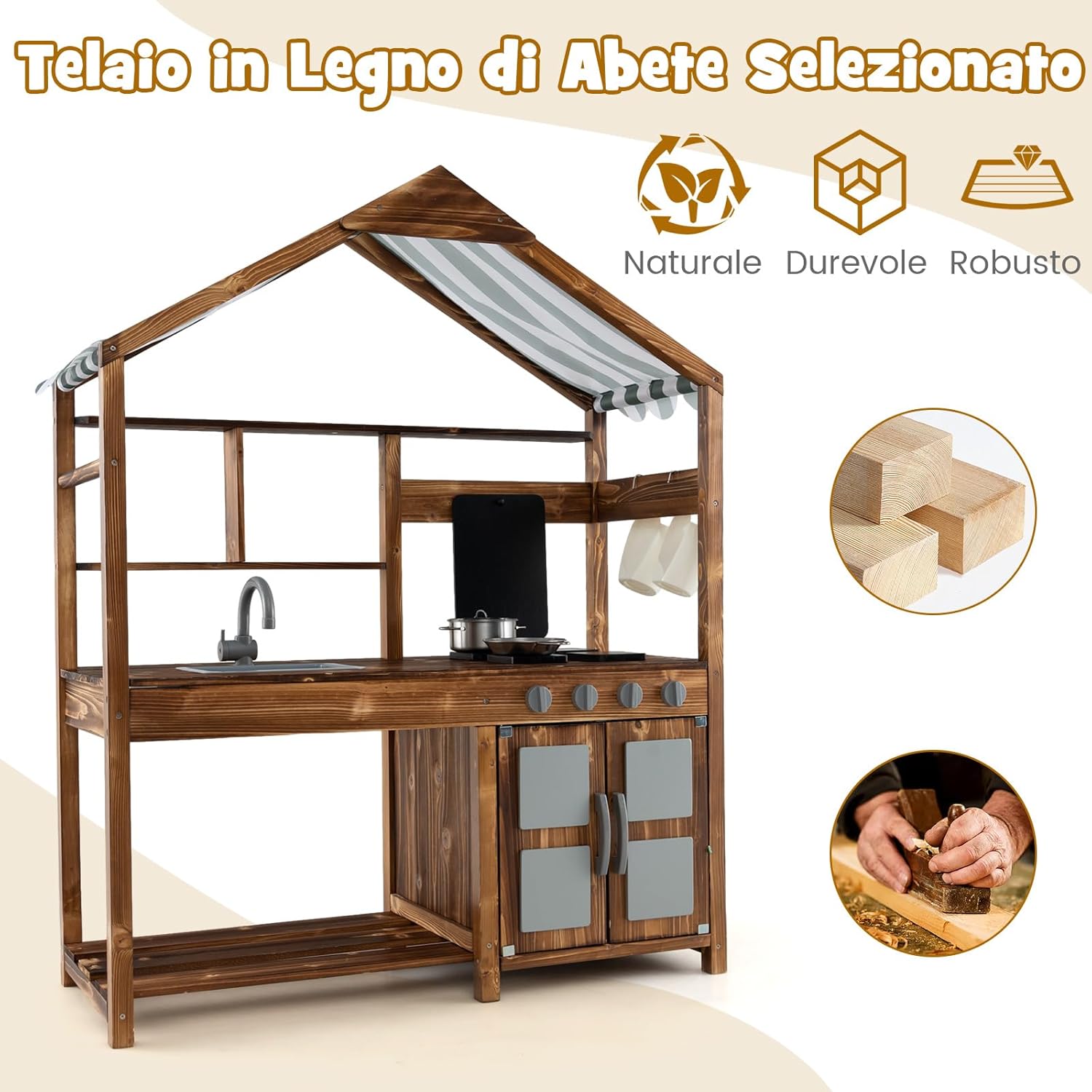 Set da Cucina per Bambini, Cucina da Giardino con Tettoia, Rubinetto Girevole e Lavello Rimovibile, Fornelli e Manopole Realistici, Lavagna, per Bambini 3-7 Anni