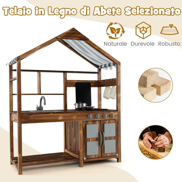 Set da Cucina per Bambini, Cucina da Giardino con Tettoia, Rubinetto Girevole e Lavello Rimovibile, Fornelli e Manopole Realistici, Lavagna, per Bambini 3-7 Anni