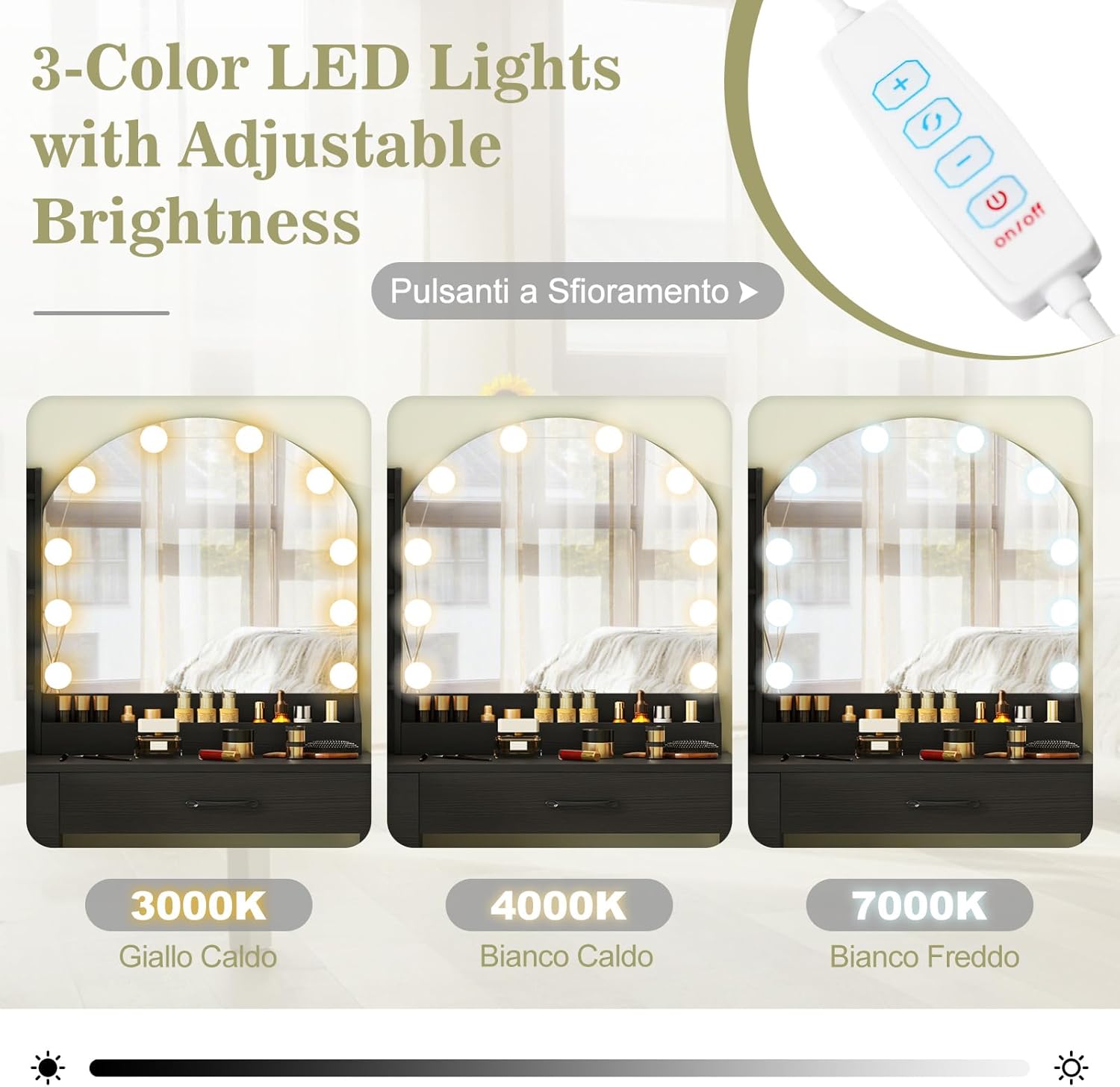 Toeletta da Trucco con Luci, Set Tavolo da Trucco e Sgabello con Stazione di Ricarica, Luci LED Regolabili a 3 Colori, 4 Cassetti e Ripiani di Stoccaggio Aperti