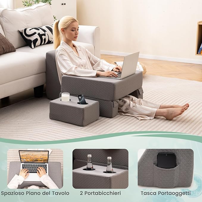 Set di 3 Cuscini da Lettura, Cuscino per Leggere con Tasca Laterale Portabicchieri e Cuscino a Cuneo per Schiena con Appoggio, per Rissarsi Leggere e Giocare, Grigio