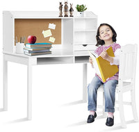 Set Scrivania e Sedia per Bambini 5-12 Anni, Tavolo in Materiale Sicuro con Bacheca in Sughero, 2 Cassetti e Spazio Ampio, Design Moderno, Ideale per Studio e Disegno (Bianco)
