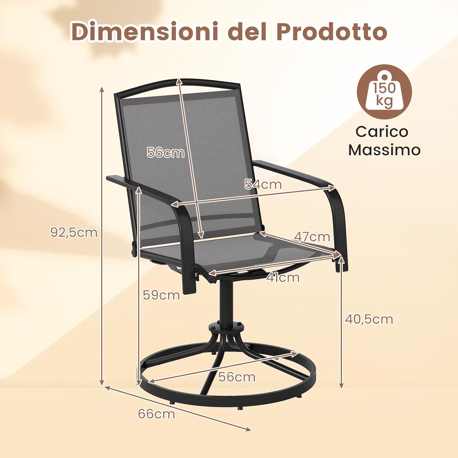 Set di 2 Sedie da Patio Girevoli, Poltrone a Dondolo in Rete a 360° con Schienale Alto e Base Rotonda in Metallo, Sedia a Dondolo Robuste per Giardino Balcone, Portata 150 kg (Grigio)