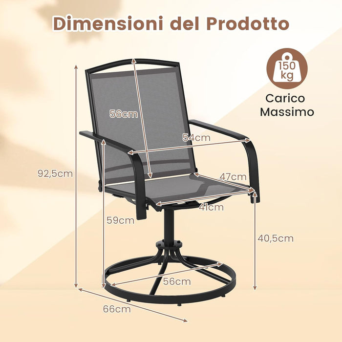 Set di 2 Sedie da Patio Girevoli, Poltrone a Dondolo in Rete a 360° con Schienale Alto e Base Rotonda in Metallo, Sedia a Dondolo Robuste per Giardino Balcone, Portata 150 kg (Grigio)