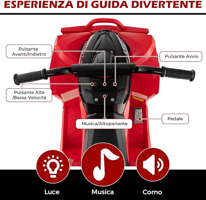 12V Quad Elettrico per Bambini, Macchina Elettrica con Velocità Alta/Bassa, Sedile Comodo Fari Corno e Musica, Auto Elettrica Cavalcabile 2,2/4,3 km/h (Rosso)