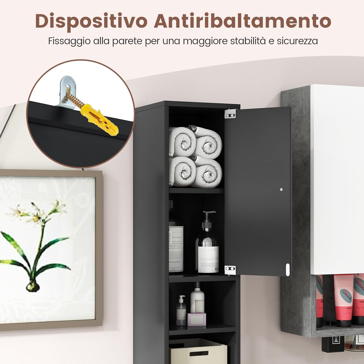 Armadio da Terra Alto, Mobile Colonna Bagno con 2 Ante 1 Cassetto e 5 Ripiani Regolabili, Mobile Bagno Salvaspazio per Bagno Soggiorno Camera da Letto, 20x20x180cm (Nero)