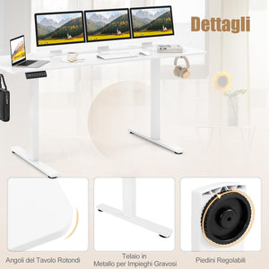 Scrivania Regolabile in Altezza 160 x 60 cm, Scrivania Elettrica con Pannello Smart Anticollisione, Scrivania per Computer con 2 Fori per Cavi e 2 Ganci, per Ufficio e Studio, Bianco