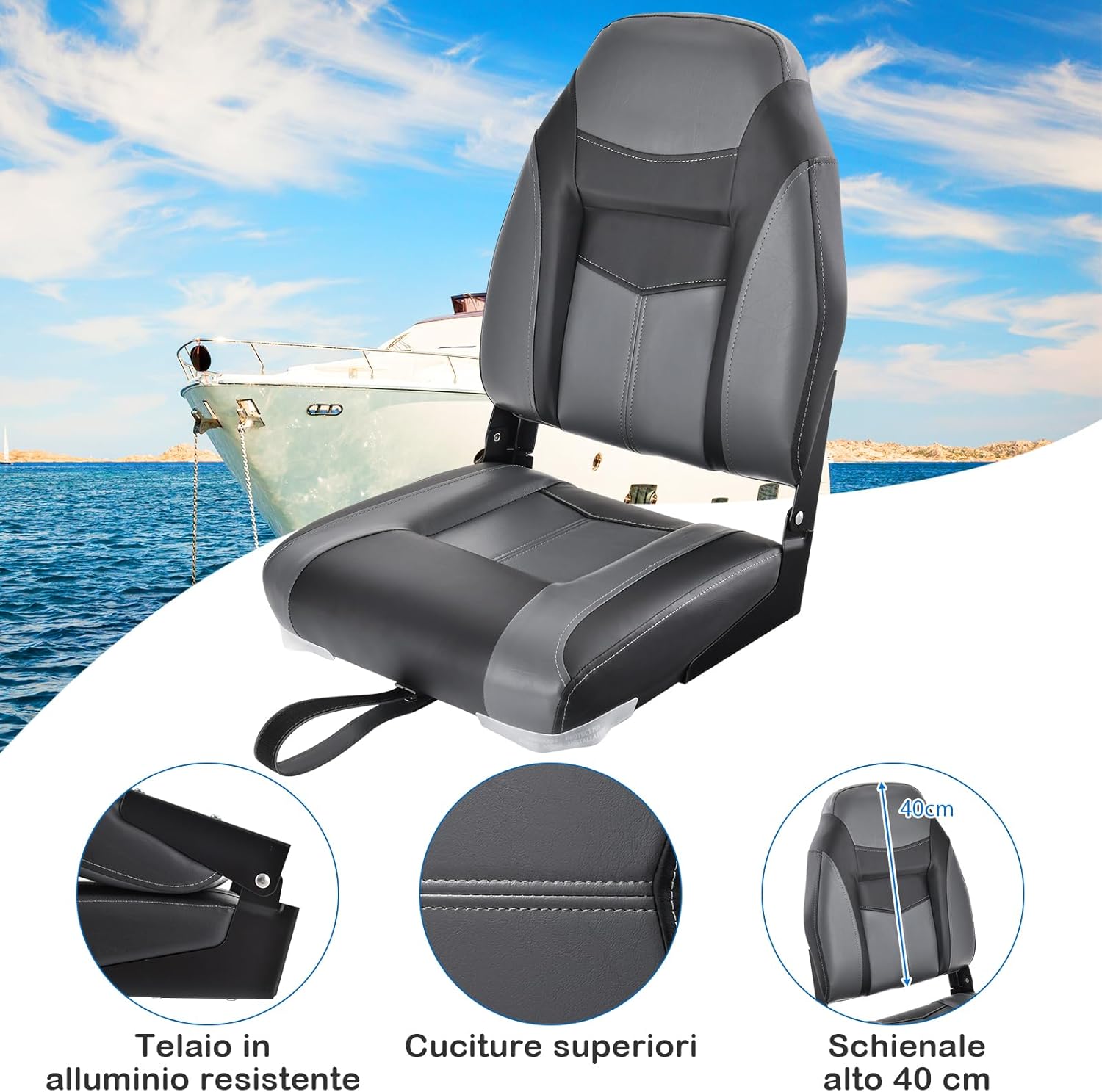 Sedia da Barca, Sedile da Barca Pieghevole con Morbido Cuscino Imbottito, Rivestimento in PVC Impermeabile, 44,5 x 51 x 61 cm (Grigio, 2)