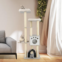 Albero Tiragraffi per Gatti 176 cm, Tiragraffi per Gatti con 2 Trespoli in Tessuto Felpato, Arco Massaggiante, Cuccia, Pali in Sisal e Tapettini Lavabili, Torre per Animali Domestici (Grigio)
