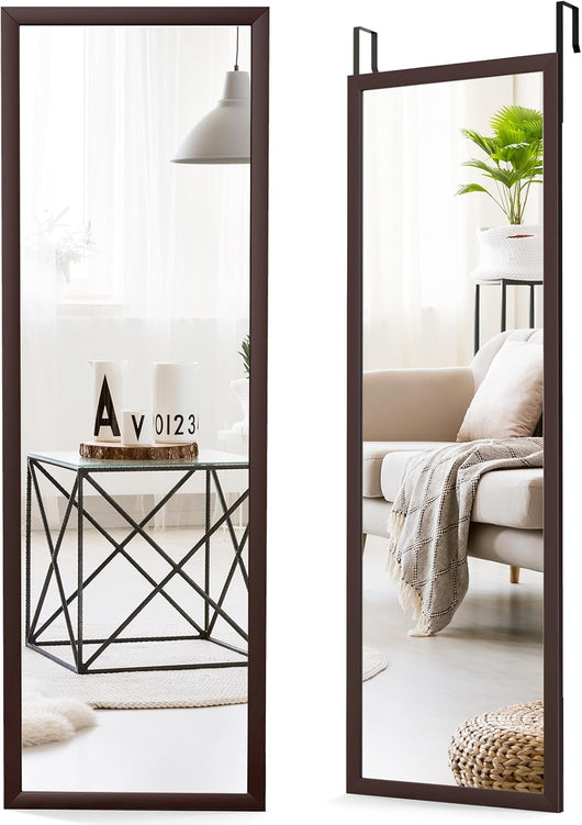 Specchio da Parete Lungo 108 x 36,5 cm, Specchio a Figura Intera Appendere con Cornice in Legno e Ganci, 2 Metodi di Montaggio e Altezza Regolabile (Marrone)