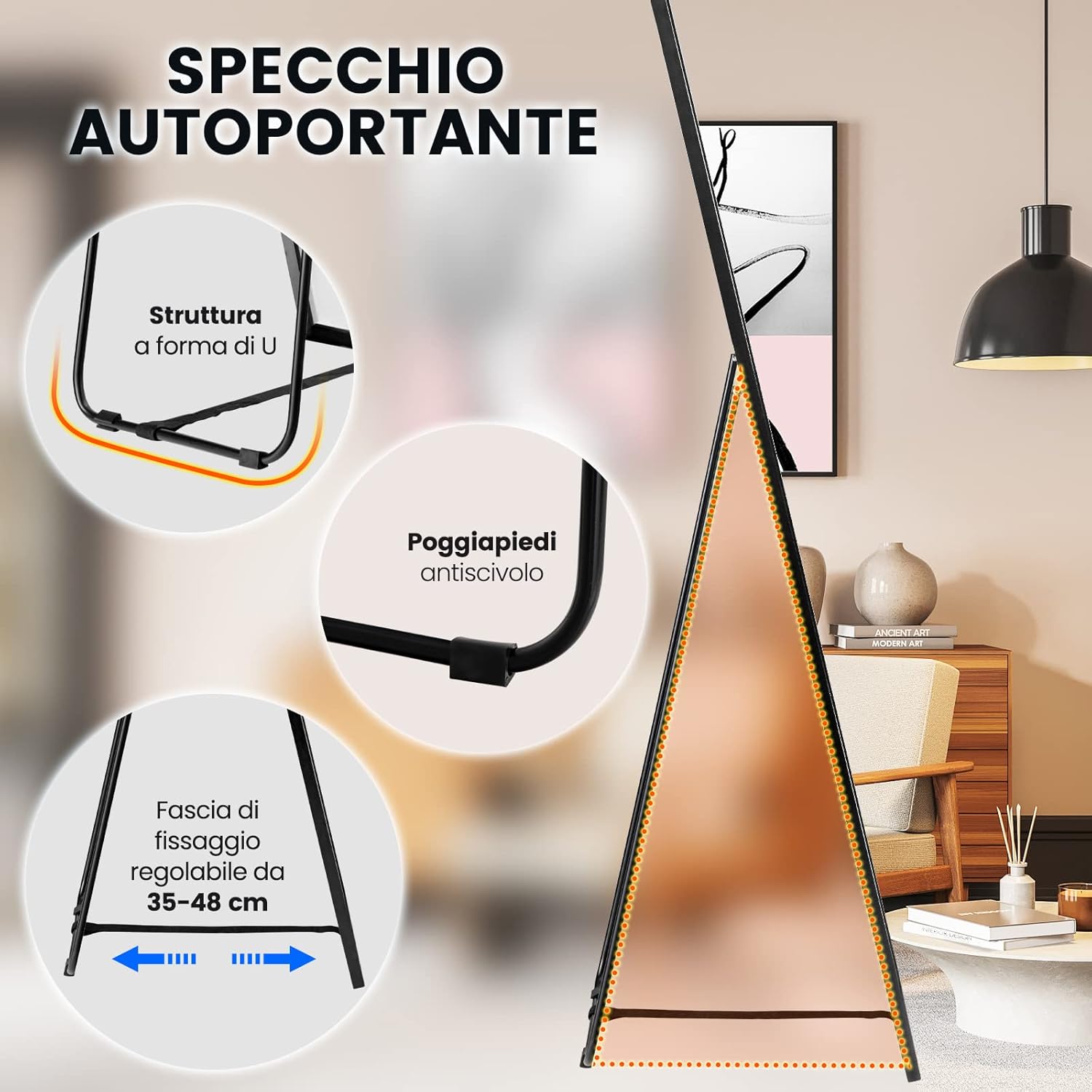 Specchio da Parete Lungo, Specchio da Terra Appendere con Cornice in Lega di Alluminio e Ganci, Per Camera da Letto e Soggiorno, 160 x 40 cm (Nero)