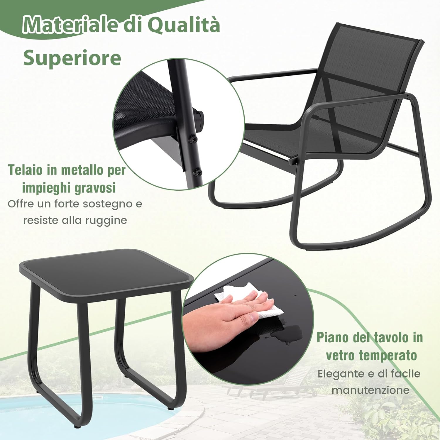 Set Tavolino e Sedie da Giardino, Set di Mobili a Dondolo, Set Bistrò 3 Pezzi, Tavolino in Vetro Temperato, Sedie in Textilene, per Giardino Cortile Piscina (Nero)