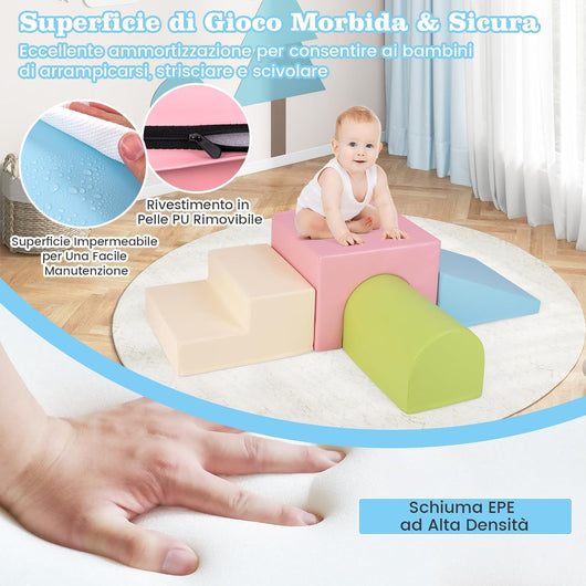 Set di 4 Blocchi in Schiuma per Arrampicarsi e Gattonare per Bambini, Set di Giocattoli Morbidi da Interno con Diverse Forme e Colori per lo Sviluppo dei Bambini (Rosa)