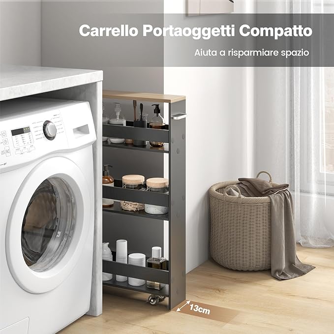 Carrello Portaoggetti da Cucina, Scaffale con Maniglia Laterale e Ruote, Carrello Salvaspazio con 3 Scaffali Stretti, 47,5x13x80,5 cm (Naturale+Grigio)