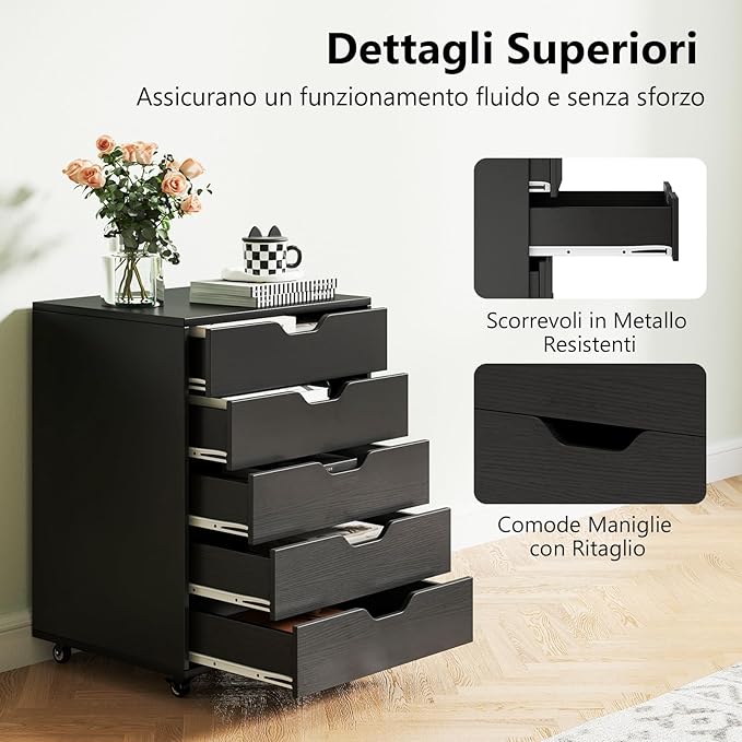 Cassettiera da Ufficio con 5 Cassetti e Ruote, Mobiletto Multiuso per Documenti e Cosmetici, Comodino con Ruote per Camera da letto, Studio, Ufficio e Soggiorno (Nero)